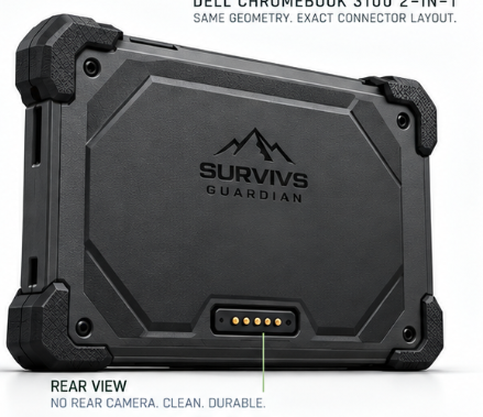Guardian rear panel with SURVIVS GUARDIAN branding and dock charging contacts