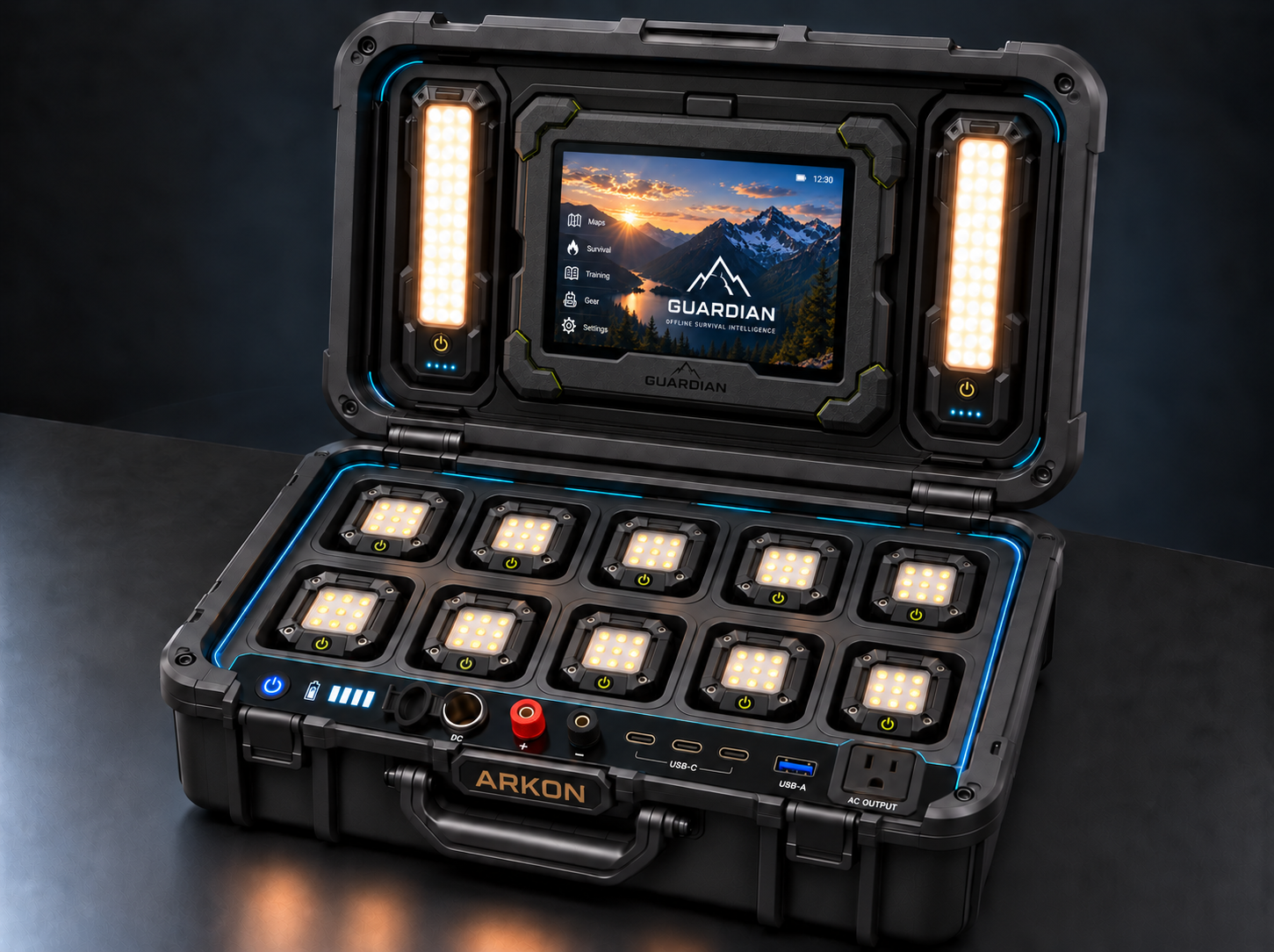 ARKON case open with the Guardian tablet docked in the lid between two light panels, ten light pods in the base