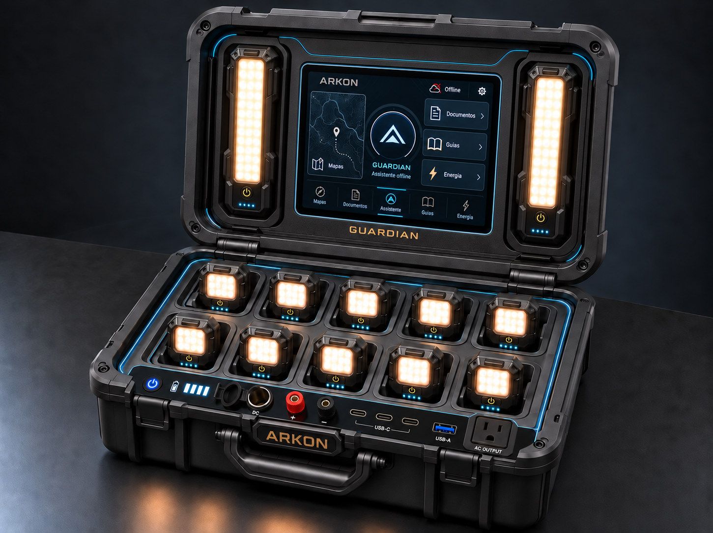ARKON rugged case open, showing the embedded Guardian command screen in the lid, two area lights on the lid and ten light pods docked in the base