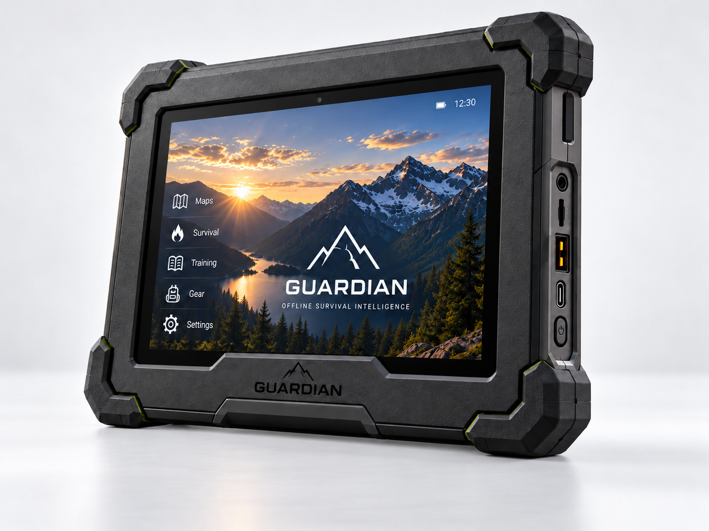 Real Guardian tablet: matte graphite rugged body, sculpted corner bumpers and GUARDIAN branding on the lower bezel