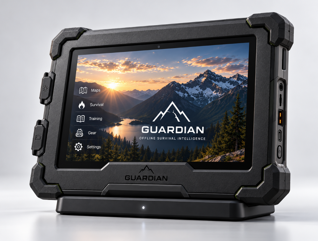 Guardian tablet standing on its black charging dock with a white LED strip at the base