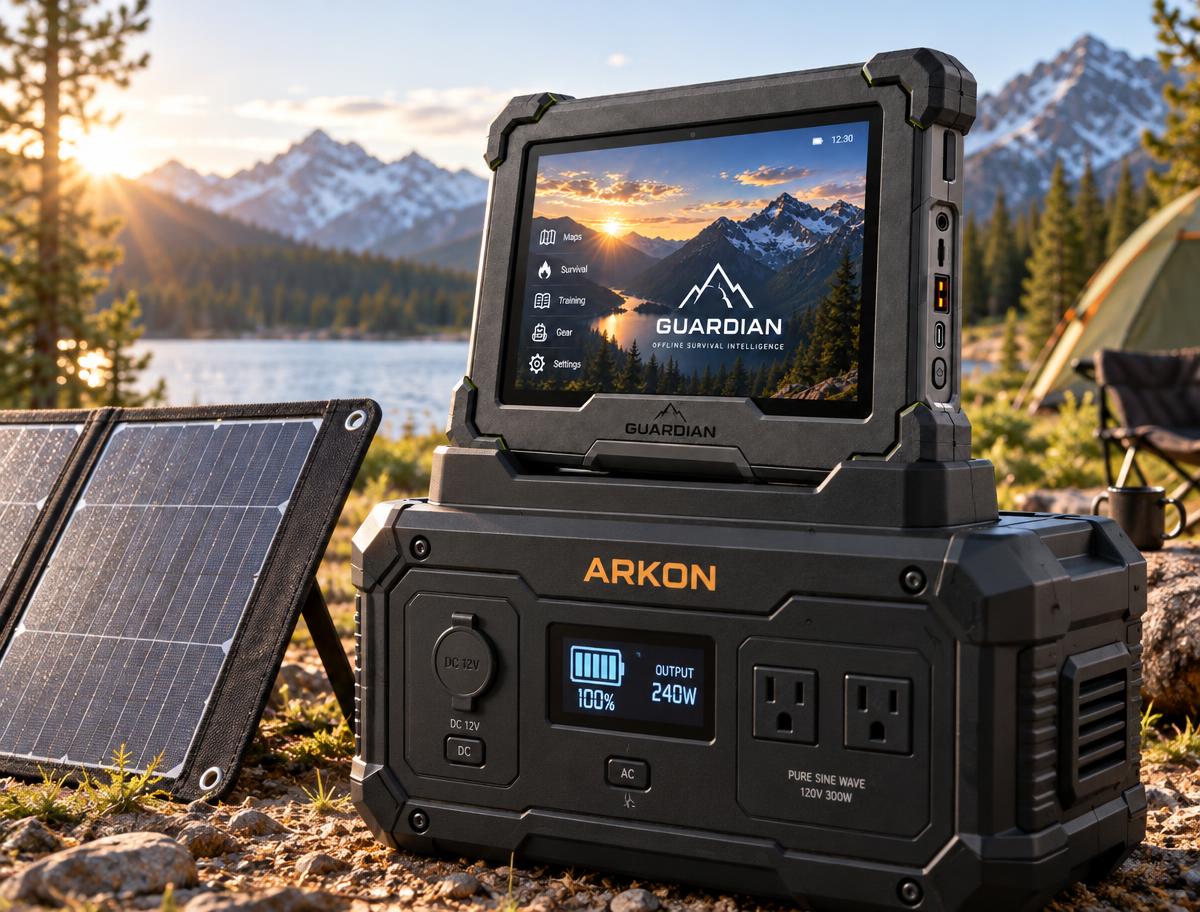 Guardian docked on an ARKON portable power station with solar panels connected