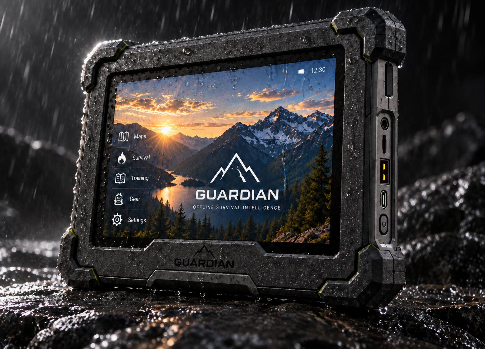 Guardian standing wet from rain on a dark reflective surface, screen illuminated and operational