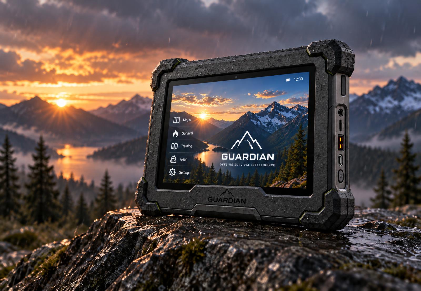 Guardian 8 rugged offline AI tablet held in the rain on a remote mountain ridge, screen reading network offline, Guardian ready